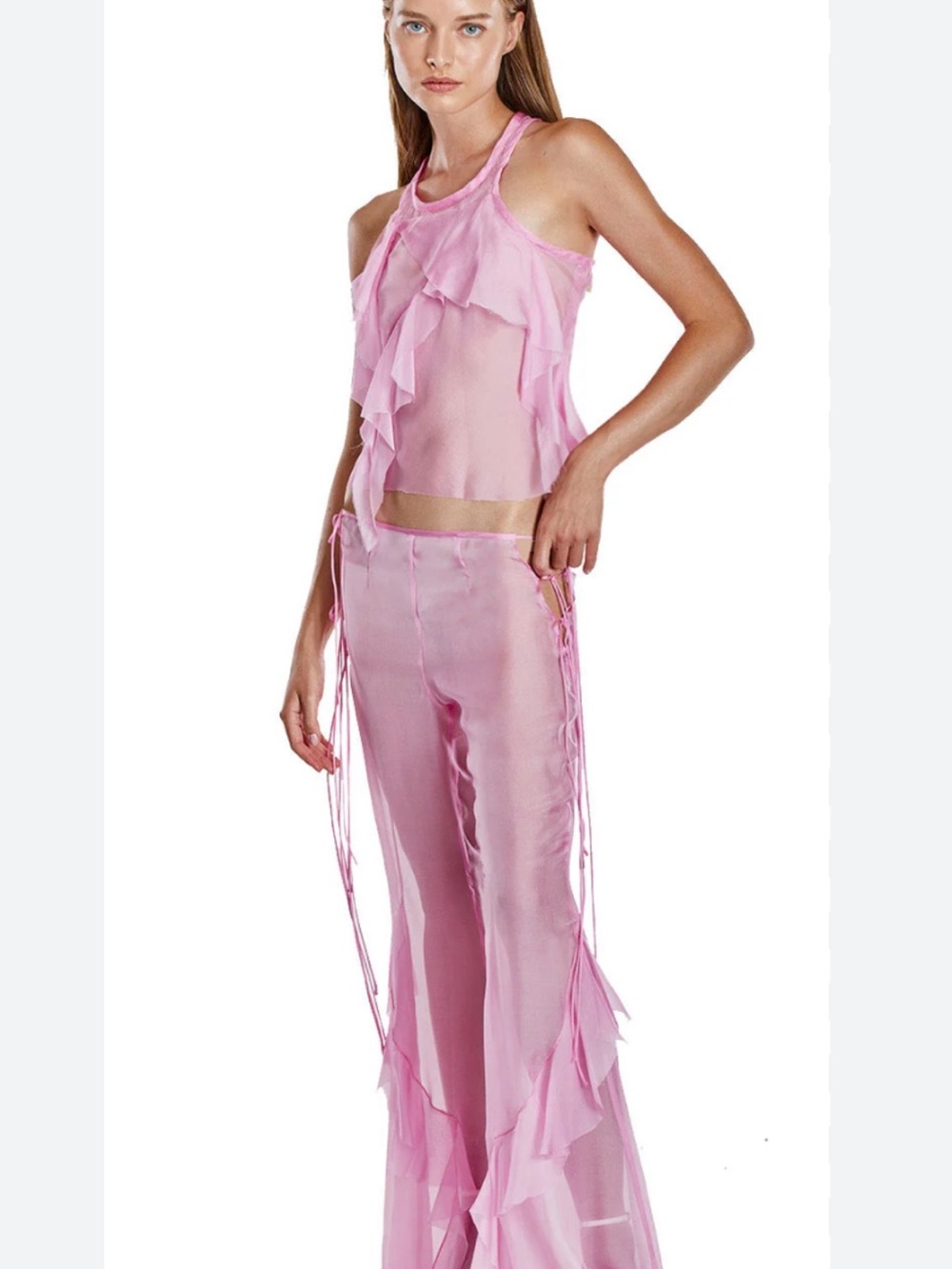 Mother of All Pink 100% Silk Chiffon 2-Piece Set Top & Pants Ruffle Tie S